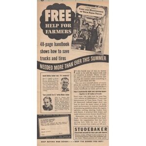 Studebaker Farm Truck Care Handbook WWII War Bonds Farm Truck Print Ad 1945